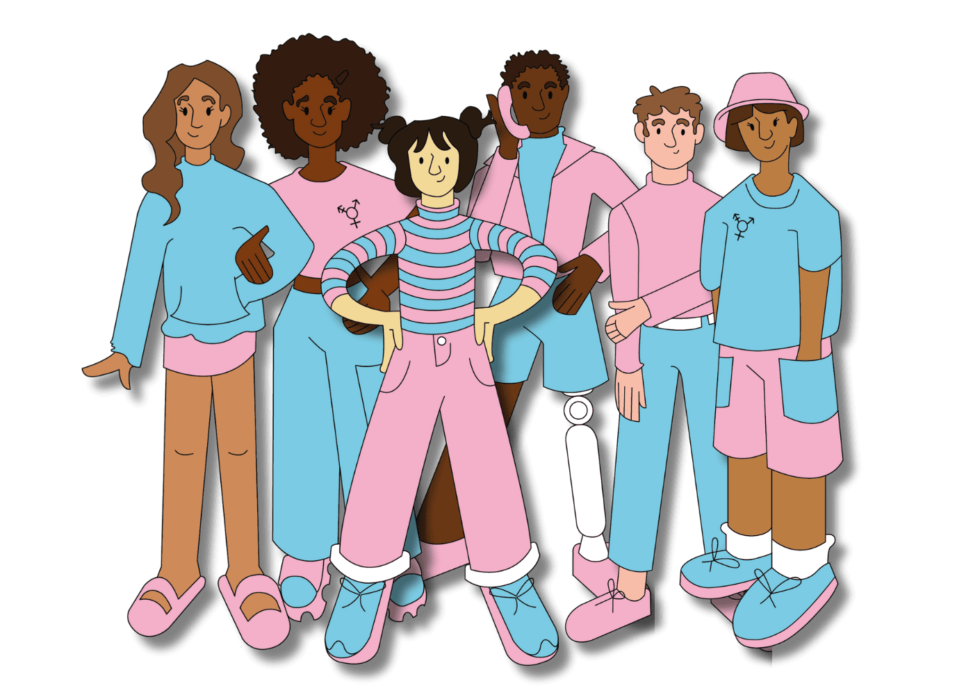 Ilustração de 6 pessoas trans vestidas com as cores rosa e azul da bandeira trans